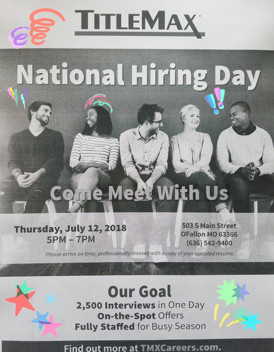 #TMXHiringDay #NationalHiringDay #TalentObsessed Join us thursday at any Titlemax between 5 and 7pm for an onsight interview! TMX Finance Family of Companies is changing lives! <a href="/JRobinson1211/">Jacklyn Robinson</a> <a href="/ReamerEric/">Eric Reamer</a>
