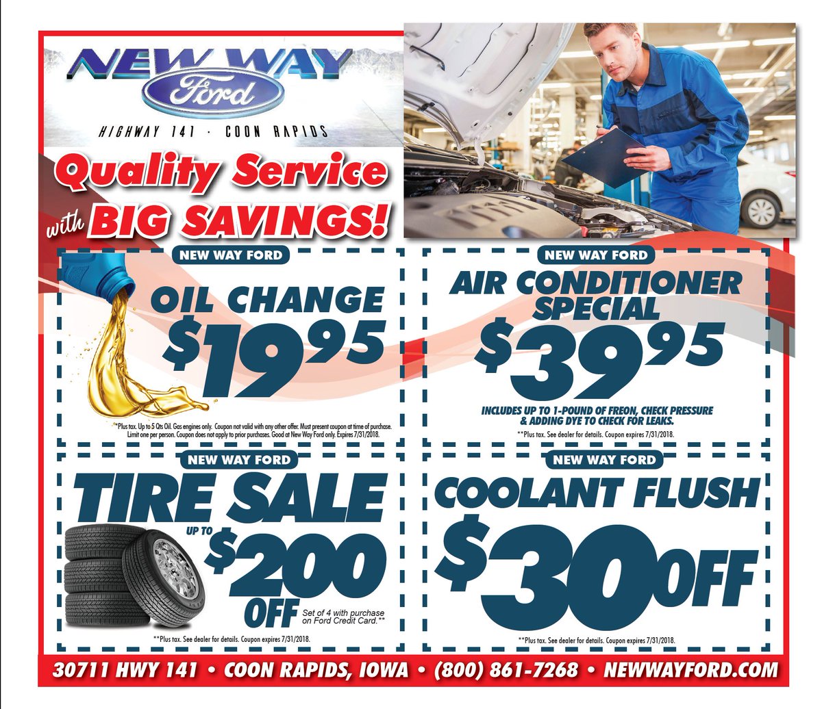 Stop on into <a href="/NewWayFord/">New Way Ford</a> to receive quality service with BIG savings! Offers valid through July 31st, 2018!

NewWayFord.com