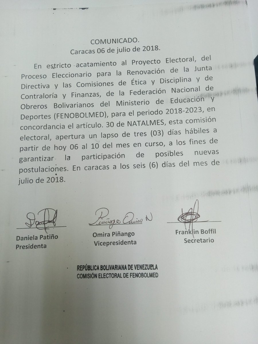 Fenobolmedweb's tweet photo. Buenas tardes, en estricto acatamiento al Proyecto Electoral del proceso eleccionario de FENOBOLMED, por medio de la presente se procede a la apertura de un lapso de tres (03) días habiles a los fines de garantizar las posibles nuevas postulaciones. https://t.co/2MNnmBjj21