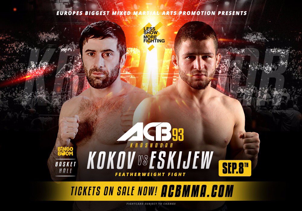 ACA_League's tweet photo. FEATHERWEIGHT FIGHT 🔥 #ACB93 

🇷🇺 Muhamed Kokov vs. Lom Ali Eskjiew 🇩🇪

The Featherweight title chase continues! #3 and #7 ranked fighters will collide to decide who is worthy of a title shot. https://t.co/xFhb0XkTLq