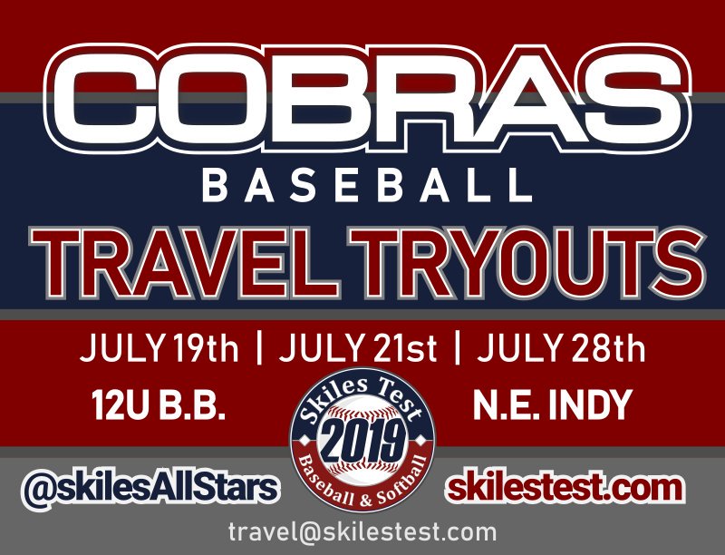 Skiles Test Cobras 12U team will host tryouts over the next few weeks.  Register for a free tryout for our 2019 12U Full Time Travel team.  skilestest.com/Site/News/Id/3… <a href="/inbsblnet/">IN Travel Baseball</a> <a href="/IN_Ballplayers/">Indiana Baseball Network</a>