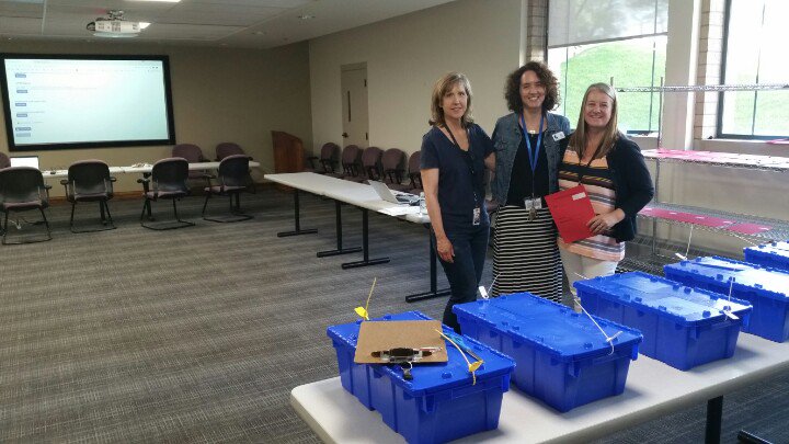 xpa's tweet photo. @USVote @vaELECT @NVElect @DHSgov @demworks @NCSLelections @COSecofState @philipbstark @DenverElections Eagle County's staff prepared for judges to perform #CORA2018. Red card replaces sampled ballot in blue bins. Removable sticker on sampled ballot shows its original location. https://t.co/Jj2t1tIGfX