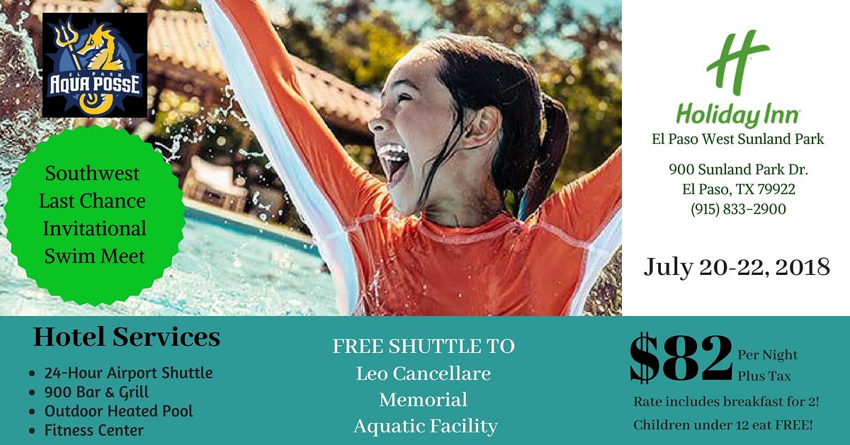 HolidayInnELPSL's tweet photo. Special Rate for the 2018 Southwest Last Chance International Invitational Swim Meet in @elpasotexas! Breakfast included &amp; FREE shuttle to the Leo Cancellare Natatorium!
BOOK TODAY!!!!!!
#hisunlandparkisback #elpaso #swimfan #sendoff #swimmeet
#LeoCancellare 
Rate Code: SWI https://t.co/GfmSBMOsDJ