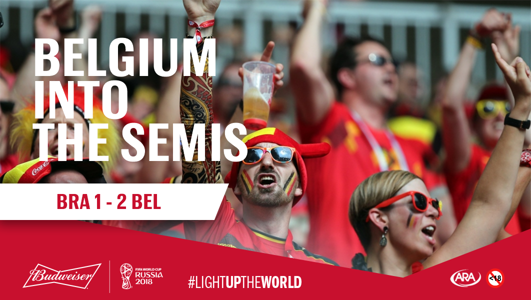 BudweiserNG's tweet photo. #BEL join #FRA in the semifinals! Now they can party all night long. #LightUpWorld #WorldCup #BRABEL https://t.co/OFDOqxH4hh