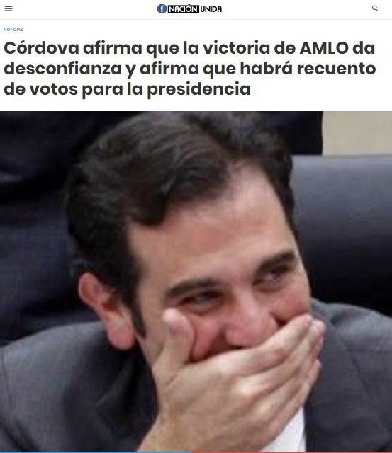 ¿Que habrá recuento de los votos por desconfianza al triunfo de López Obrador? FALSO ✂ Las declaraciones de Lorenzo Córdova sobre el cómputo distrital fueron tergiversadas y ahora esta noticia falsa se viraliza en Facebook verificado.mx/ine-no-anuncio…