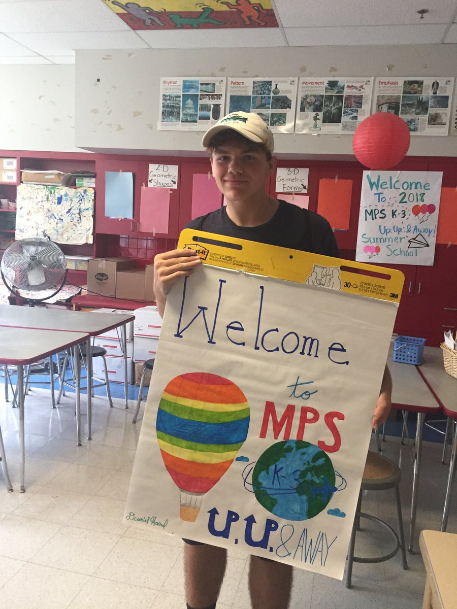 Getting ready for another great summer school experience for Meriden’s K-3 students!  Here, one of our high school PLE students shows the beautiful sign he made that will greet our students off the bus on Monday! #MeridenDLT