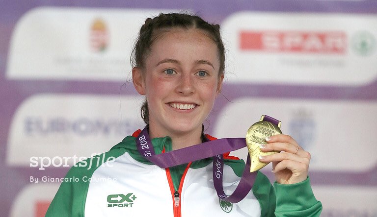 sportsfile's tweet photo. GOLD for Ireland!! Sarah Healy wins gold for @irishathletics at European U18 Championships in Hungary https://t.co/H4ok9TyiM1