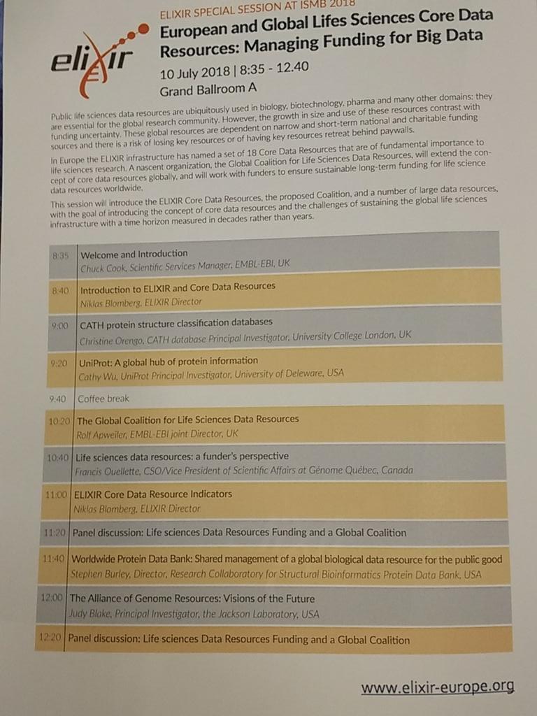 ELIXIREurope's tweet image. Come talk to us at booth 21 and learn about ELIXIR #CoreDataResources ELIXIR Training and more #ismb2018 We have a special session on Tuesday on Global Coalition for Core Data Resources
