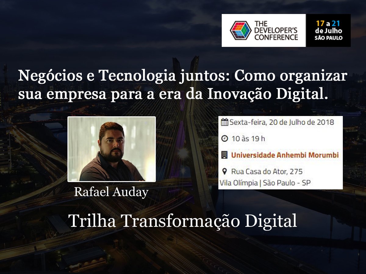 RafaelAuday's tweet photo. Já fez a sua inscrição para o @TheDevConf? Se não, ainda dá tempo!
No dia 20/07 às 16:40h, estarei falando sobre Negócios e #Tecnologia juntos: Como organizar sua empresa para a era da #Inovação Digital. https://t.co/8wYWUeuTZz
