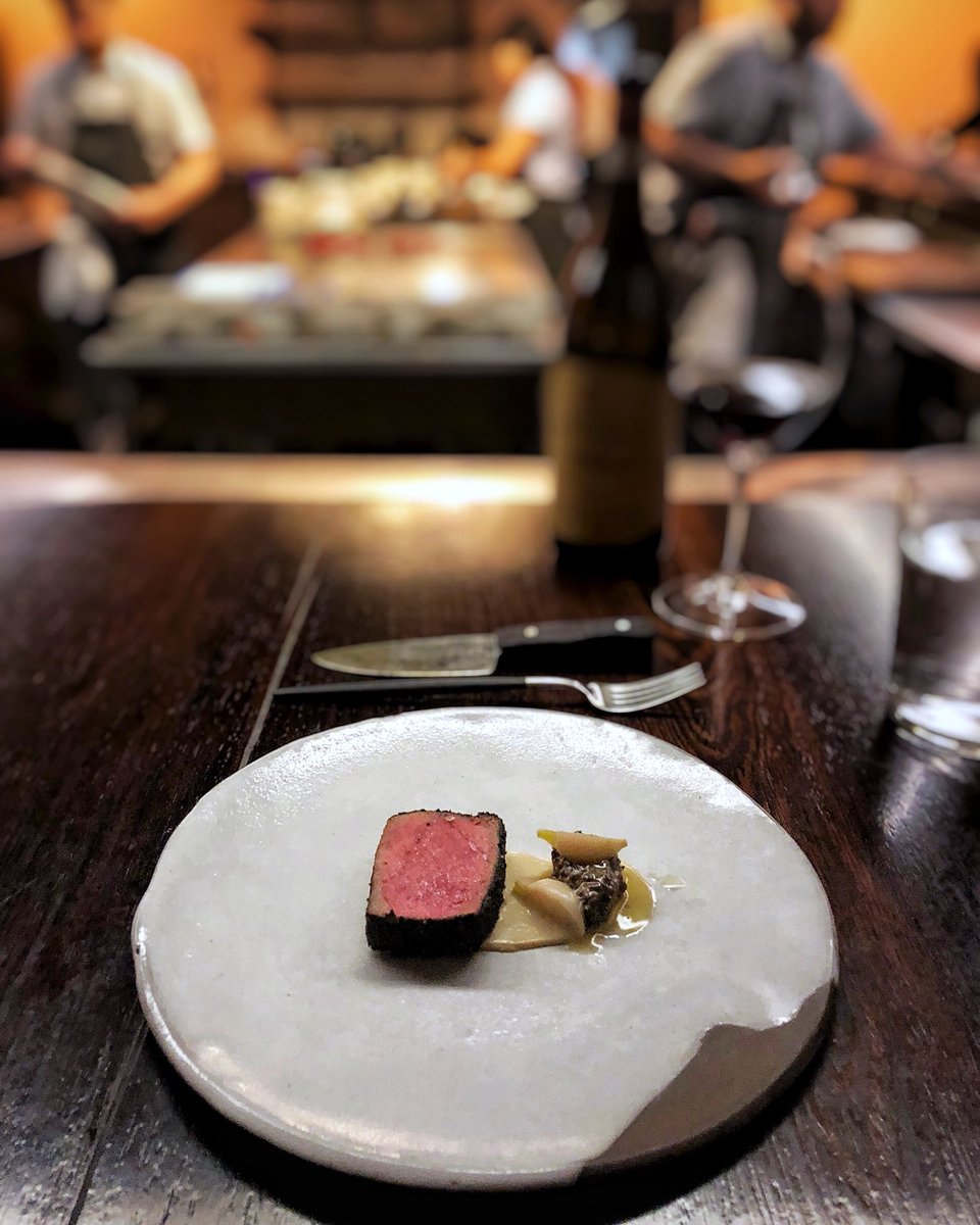 Bear Creek Farm 30 day aged striploin in umami crust with morel mushroom and bbq tofu #thecatbirdseat