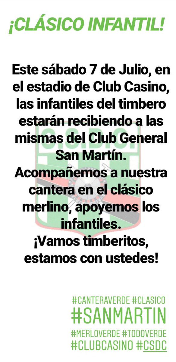 ClubCasinoSL's tweet photo. ¡CLÁSICO INFANTIL!

Acompañemos a nuestra cantera en el clásico merlino, apoyemos los infantiles.

Horarios y categorías 👇👇👇

#CanteraVerde #Clasico #SanMartin
#MerloVerde #TodoVerde
#ClubCasino #Csdc https://t.co/dZI8xjomOC