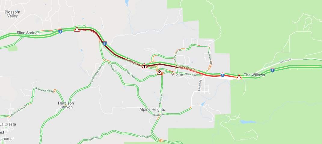 SDCaltrans's tweet photo. Update: All eastbound I-8 lanes open at West Willows Rd. 

Eastbound I-8 on-ramp from Tavern Road and eastbound I-8 off-ramp to West Willows Road remain closed due to #WestFire 

QuickMap road updates: https://t.co/ryOtbbVqK1  
#SDCaltransAlert https://t.co/GTxLD6OmVa
