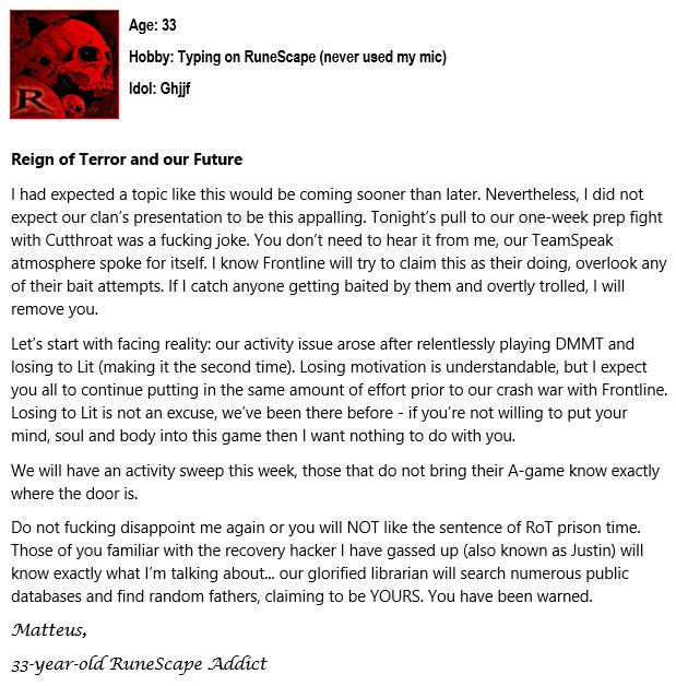 RoT_Matteus's tweet photo. Those of you claiming @Frontline_RS killed my clan @rsrotnet could not be any more wrong. Sick and tired of hearing it, as a result I will show you all a topic I wrote post-fight with @CutthroatClan!

#BackToHittingVRToRebuild #MastermindTactics https://t.co/CBHOkm3EQG