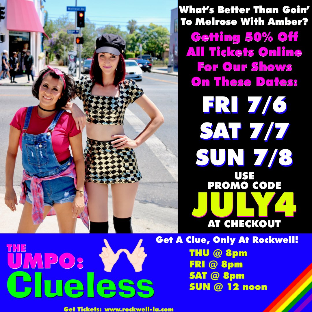 UMPOSeries's tweet photo. Tai &amp; Amber hit up Melrose yesterday before the heatwave hit, but you can hang with them this weekend at @LA_Rockwell! Select your seats online, enter promo code JULY4 at checkout, and get 50% OFF! 💅🏼👠👗🎤😂🌈 #umpoclueless #musicalparody #TaiAndAmber #rockwelltableandstage https://t.co/ifMFmLg6bz
