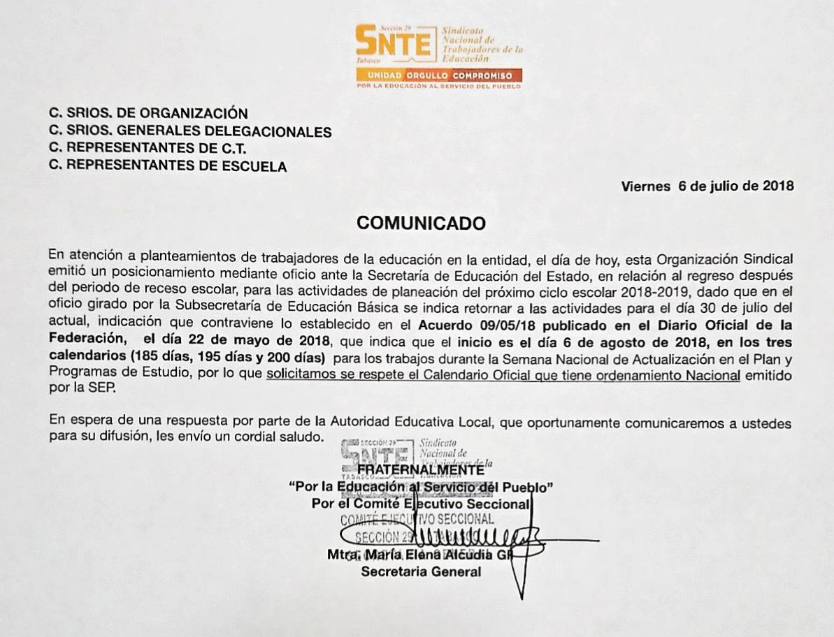Alcudia_SNTE29's tweet photo. Para conocimiento de nuestros agremiados se emite el presente #Comunicado en razón del  posicionamiento que la @29SNTE realizó ante la Autoridad Educativa Local, el día de hoy con relación a la fecha del regreso a las actividades escolares después del periodo de receso escolar. https://t.co/kebSY40aXn