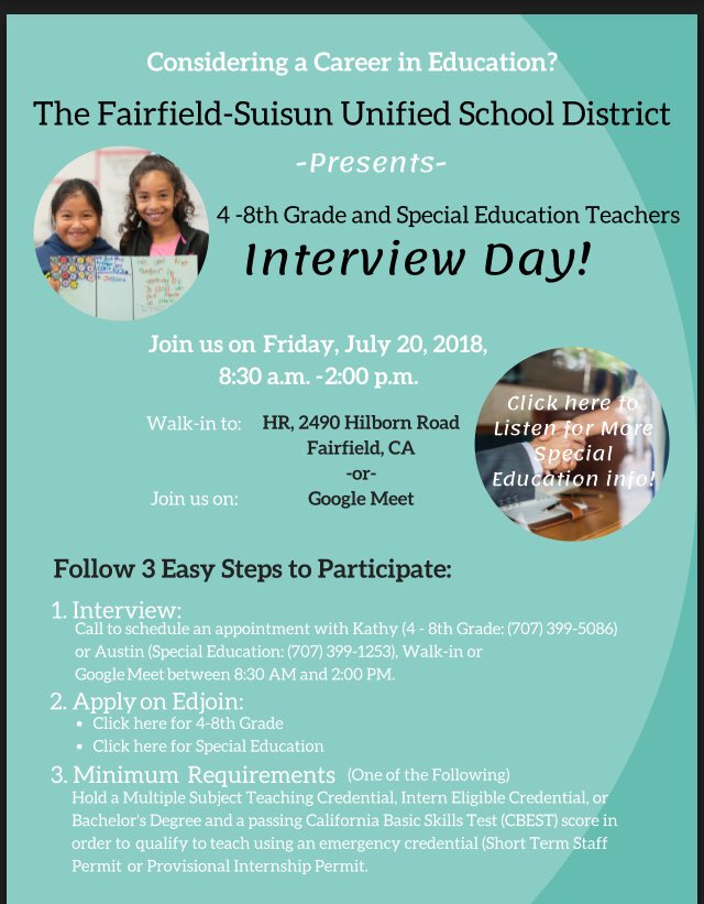 I know it is Friday, and many are off today, yet we are still hiring in <a href="/FairfieldSuisun/">Fairfield-Suisun USD</a> <a href="/FSUSDHR/">FSUSD HR</a> so tell your friends, neighbors and colleagues! Connect with us, change your life and inspire a generation!