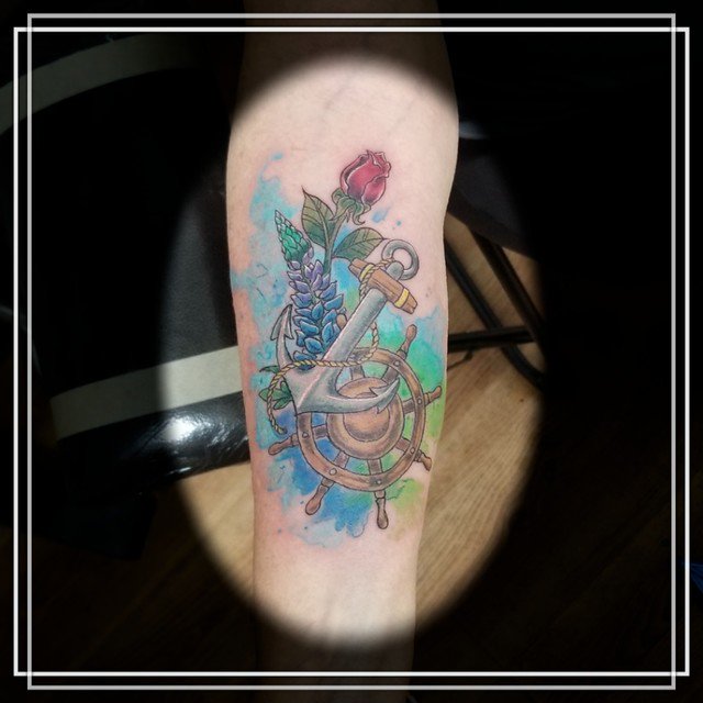 cultstatustat2's tweet photo. Really got to throw some color around for this one! Blue bonnets, rose, anchor, ship wheel, and watercolor oh my! #tattoo #tattoos #tattooart #tattooartist #ink #tenjei #cultstatustattoo #tattooed #inked #tattooist #tattooing #tattoolife #tattooink #tattooflash #watercolortattoo https://t.co/dsZ3kZdW5d