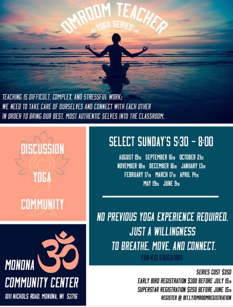 omroomteacher's tweet photo. Looking to tap into your authentic self in the classroom and find ways to manage your stress during the school year?  Early bird registration ends July 15 #selfcare #omroom #yoga #teacher #Authenticity #community #educators #danecounty https://t.co/ceVA9FqcSr