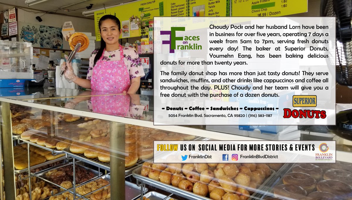 FranklinDist's tweet photo. Faces on Franklin ~ FREE donut with the purchase of a dozen dounts only at Superior Donuts! Meet the business owners, Choudy Pock and Lorn, by reading their story!
#FacesOnFranklin #FBBD #donuts #Familybusiness https://t.co/DSm3QsMcGH