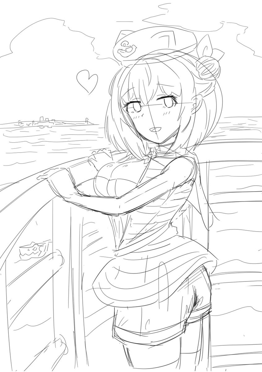 菜さん(@nanana1218 )のイラスト集にライプツィヒのイラストを寄稿しますので、なんか都合の合いそうな方はよろしくおねがいします。
この下書きは「セイレーンとの戦いが終わった世界で、戦後最初の豪華客船世界一周旅行にライプツィヒと行っている」みたいなイメージです。