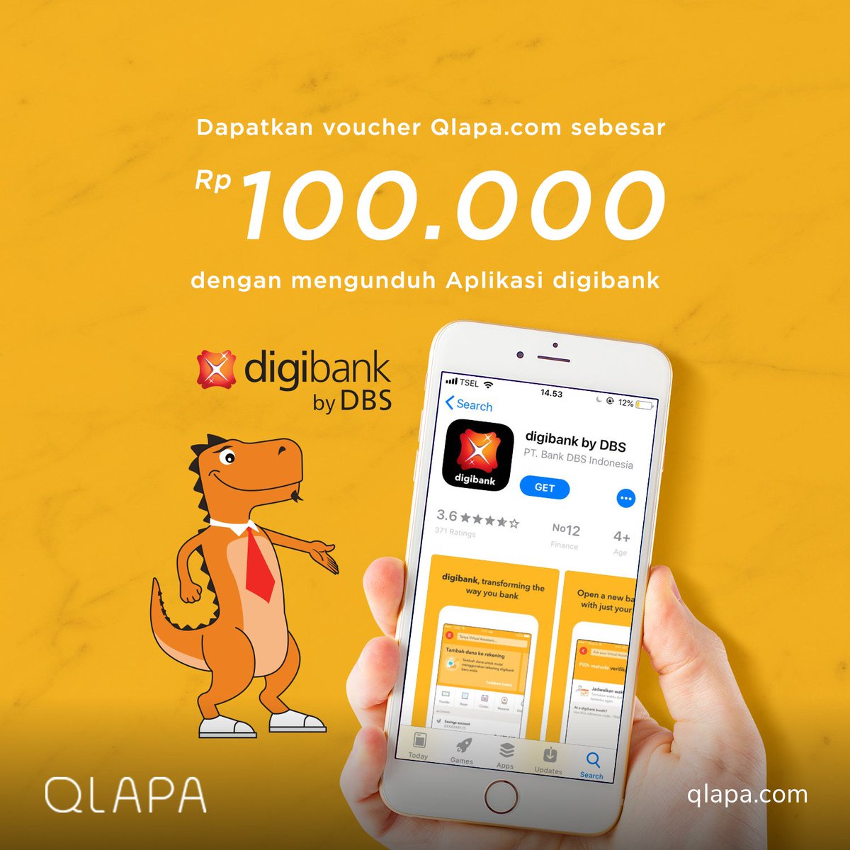 Dapatkan Voucher Rp100.000 dengan Registrasi Aplikasi digibank! Download dan daftar di aplikasi digibank, masukkan kode promo DIGIQLAPA. Setelah proses pendaftaran diterima, Anda akan mendapatkan voucher Rp100.000 yang bisa digunakan untuk pembelian di Qlapa.

#Qlapa #Digibank