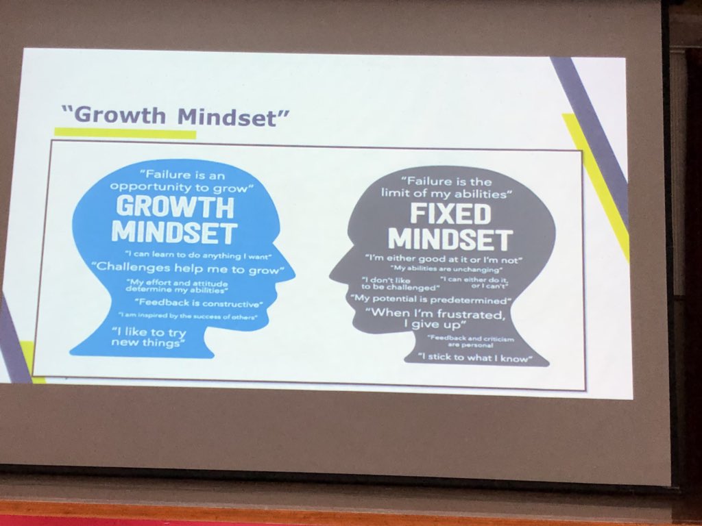 Great slide comparing and contrasting Carol Dweck’s important work on fixed vs. growth mindset - we need much more growth mindset. <a href="/drjfrank/">Dr Jason Frank</a> at #CMU60 anniversary conference. #MedEd