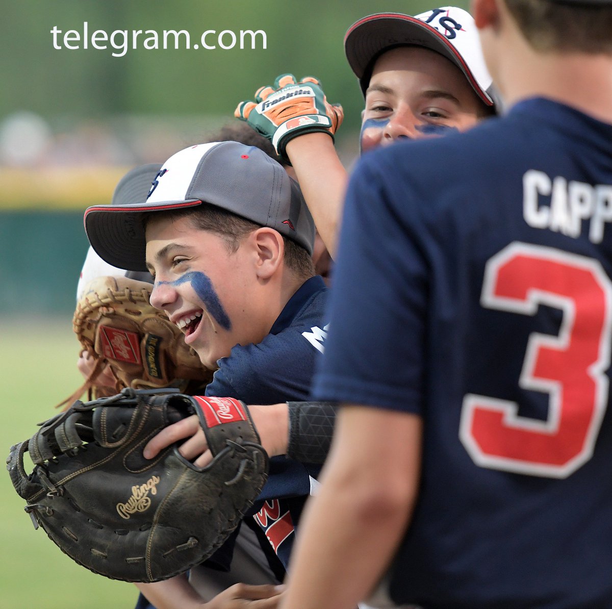 SteveLanava's tweet image. #Schwartz players celebrate left fielder, Manny Mahoney's, inning ending catch, robbing #WestBoylston's JJ McNamara of a homerun, during a District 4 Little League final @tgsports