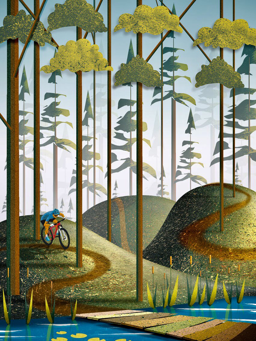 Riding bikes on swoopy trails in the woods is a lot of fun.  I made a picture about that.
