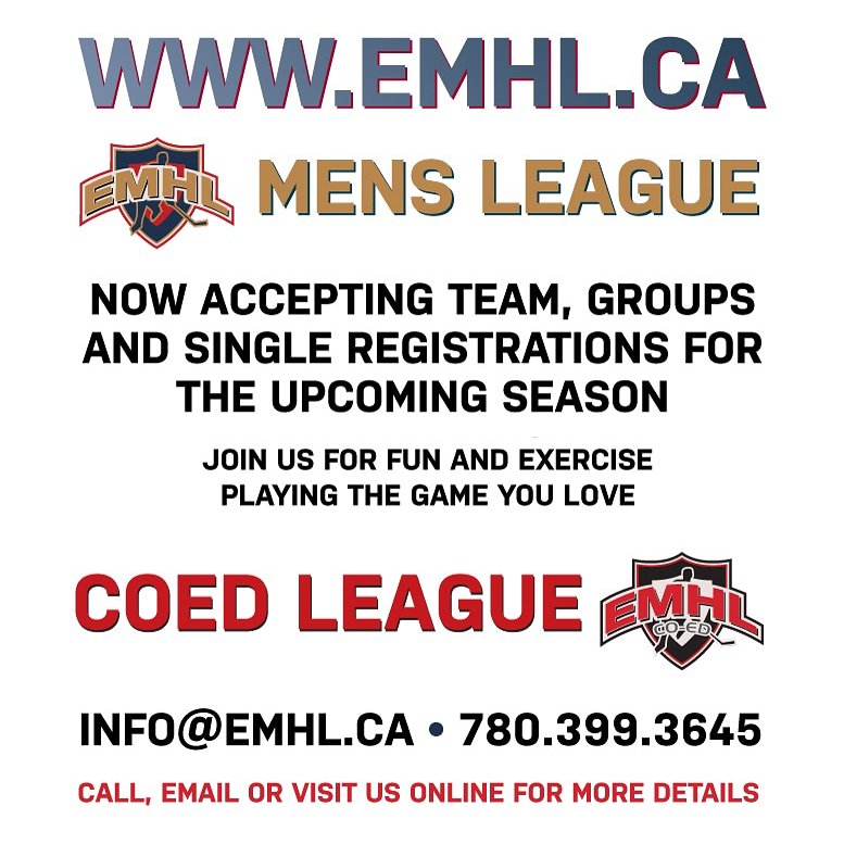 EMHLHockey's tweet photo. Adult team & individual registration is now open for our upcoming season. Contact info@emhl.ca to reserve your spot today. All skill levels welcome! #yeghockey #Edmontonhockey #beerleague #Edmonton #rechockeyyeg #emhl #hockey #yeg https://t.co/eECWLedczX