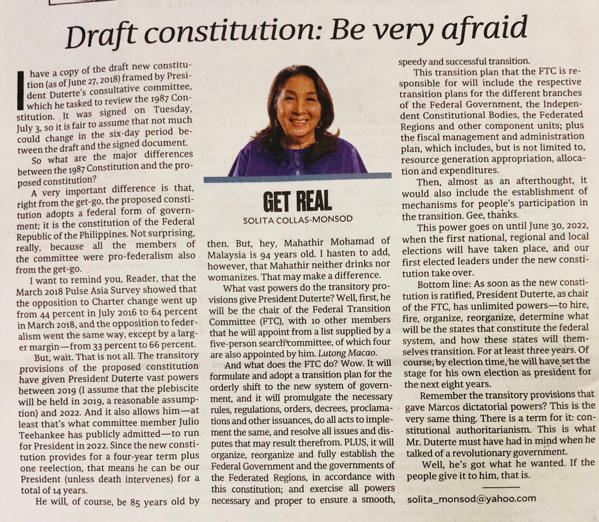 yolyong's tweet photo. This draft Constitution allows d30 to stay in power for 14 yrs! It bloats the senate to 36 seats and Congress to 400+? A mad scramble of trapos and an exponential growth of corrupt govt officials will follow! +Local politics in 18 federated states. DISASTER!😡😡#Stopcharterchange https://t.co/Jq9TTG8bMU