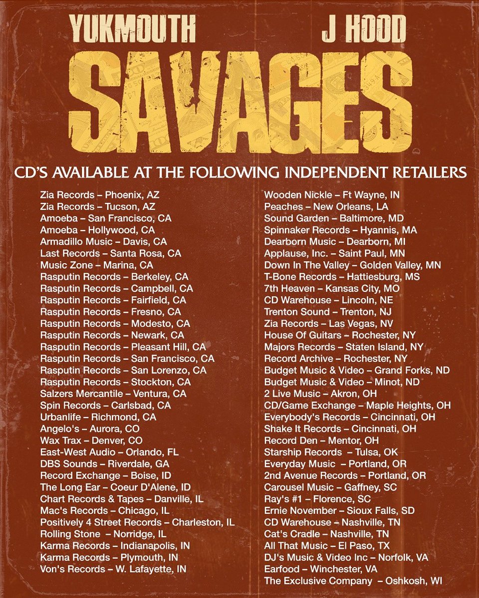 BigThangsBabe's tweet photo. Retweeted YUKMOUTH (@THAREALYUKMOUTH):

New @THAREALYUKMOUTH x @ThaRealJHood #SAVAGES album at a Retail store near you... #SupportTheMOB #SAVAGES #SmokeAlotRecords #ODGENT #Empire https://t.co/EXOS4LUFJq