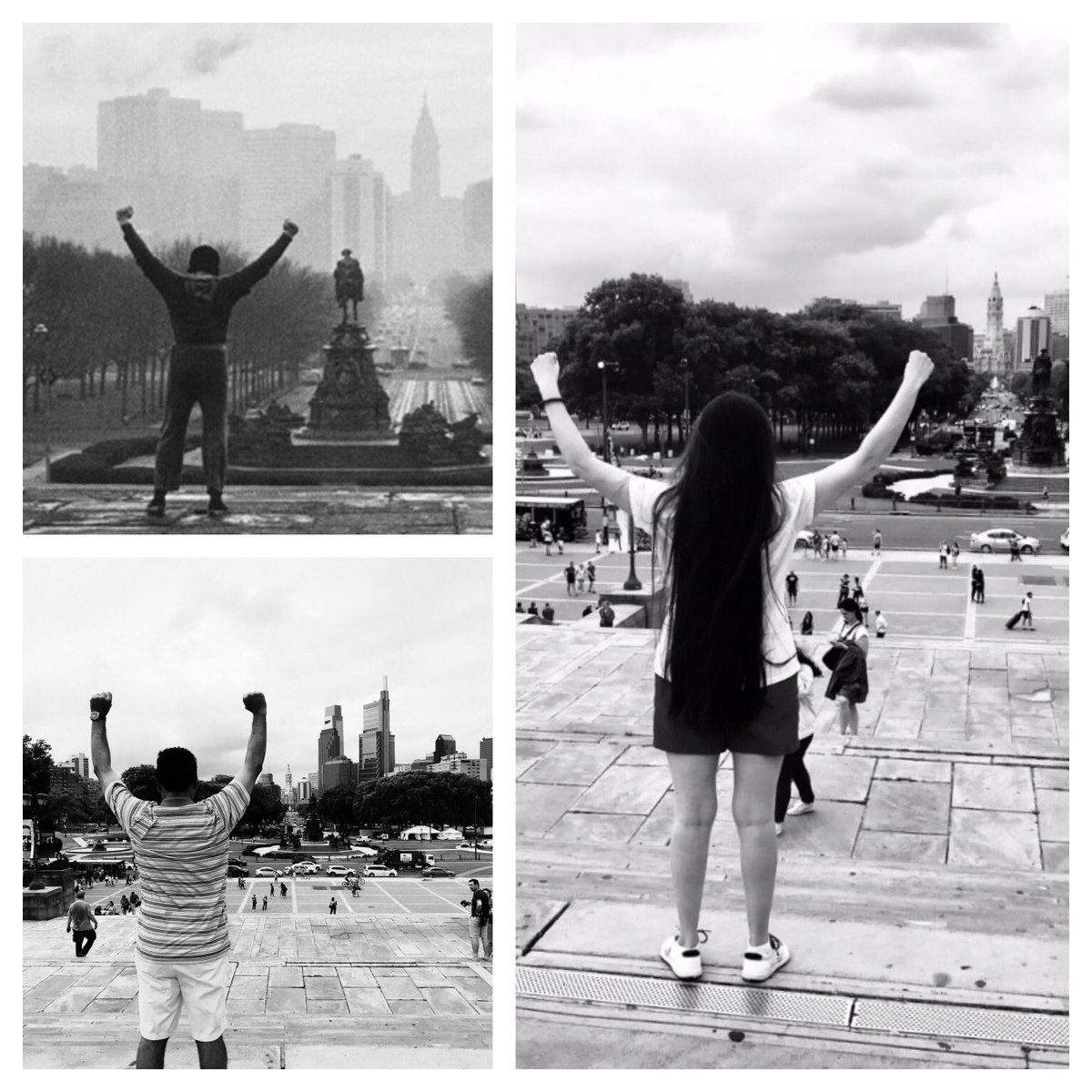 PatriciaLimon's tweet photo. One of our all time favorite movies was filmed in Philly: @RockyMovie. This is @RaulRodriguezUH /  @RaulforJudge's 1st time here, but I’ve tried to see the @TheSlyStallone / Rocky Statue 3 times! Finally! 🎼 Gonna fly now. Happy Birthday, @TheSlyStallone! #RockyBalboa ❤️ 7/6! https://t.co/SdWbD2oE0m