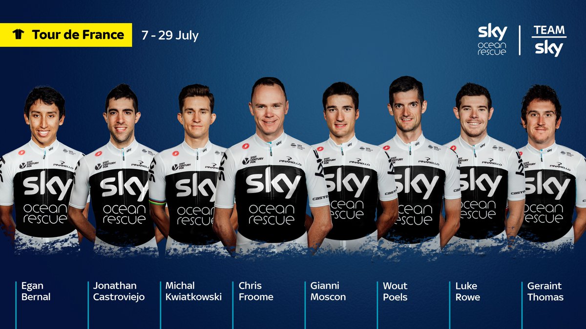 NetcompanyINEOS's tweet photo. Just two hours to go until #TDF2018 kicks off! Here's a reminder of our team and jersey numbers this year:

1. @chrisfroome 
2. @@Eganbernal 
3. @jcastroviejo 
4. @kwiato 
5. @GianniMoscon 
6. @WoutPoels 
7. @LukeRowe1990 
8. @GeraintThomas86 https://t.co/F3TUqUXR4F