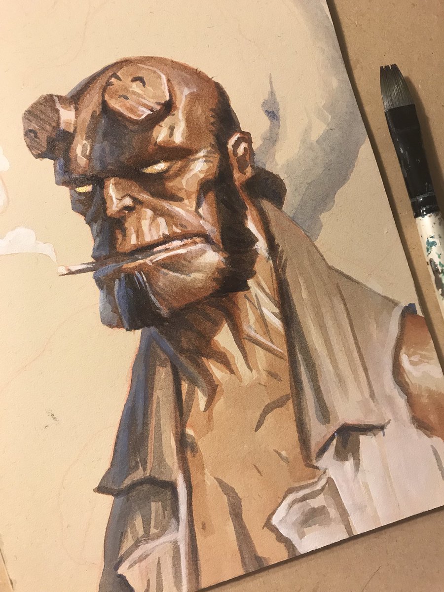 jhustak's tweet photo. Working on a hellboy portrait. Painted with acrylic inks. #hellboy #art #painting #bprd https://t.co/ViufVsN1S0