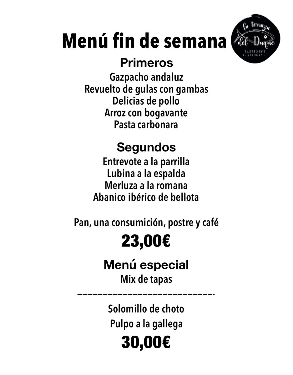 TerrazadelDuque's tweet photo. MENÚ FIN DE SEMANA
Disponemos de menú vegano diario.
La Terraza del Duque #laterrazadelduque
C/ Libertad, 1 #Valdemoro (Madrid)
Tel. 918 93 96 34 https://t.co/mxV7VcZHkK