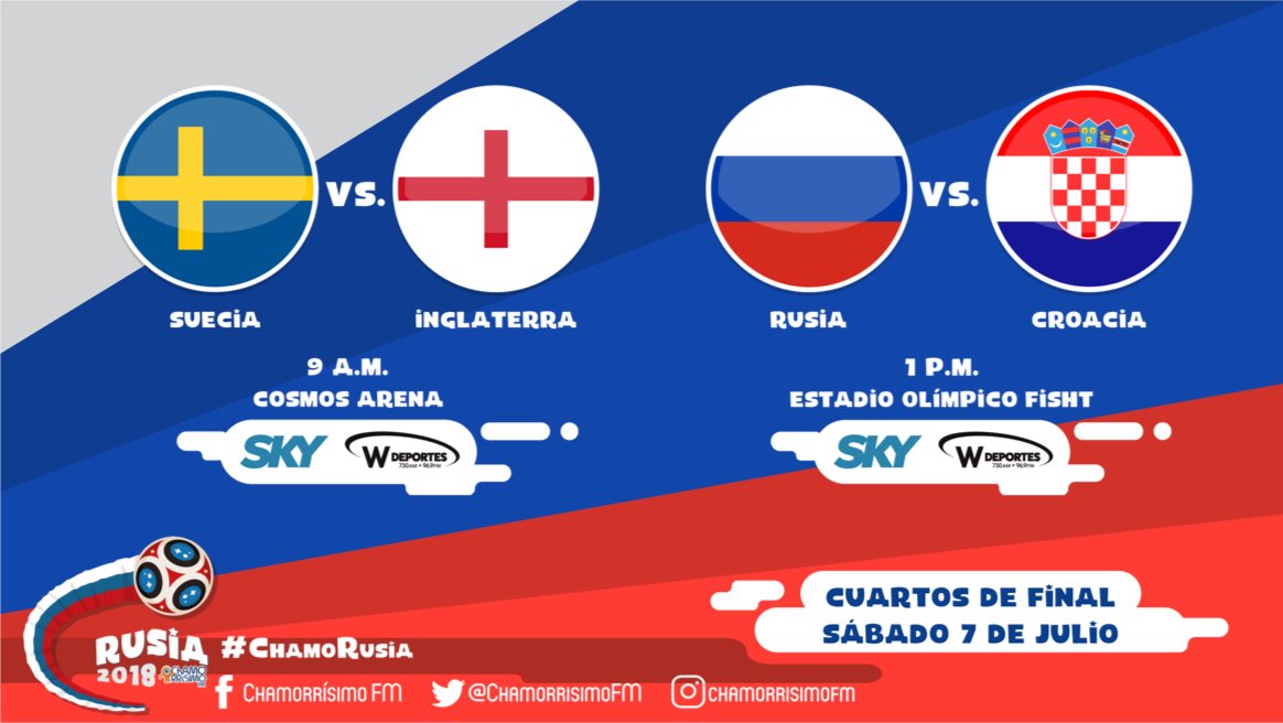 ChamorrisimoFM's tweet photo. Hoy se juegan los otros dos partidos de los cuartos de final. #SWE - #ENG; #RUS - #CRO. Solo dos boletos disponibles. #Rusia2018 #ChamoRusia 🇷🇺⚽️ https://t.co/XpcSuP0a6E