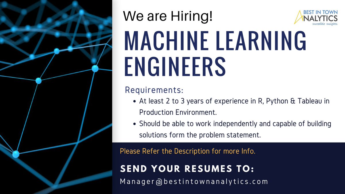 Bestintown Analytics (@BITABengaluru) on Twitter photo 2018-07-07 05:25:56 We are #Hiring!
Machine Learning Engineers
About the Job:
The Employee will work independently or as part of the team on cutting-edge #MachineLearning and #DeepLearning Projects.
#JobSearch #AnalyticsJobs #DataAnalyticsJobs #MachineLearningJobs #Bestintownanalytics #Jobs We are #Hiring!
Machine Learning Engineers
About the Job:
The Employee will work independently or as part of the team on cutting-edge #MachineLearning and #DeepLearning Projects.
#JobSearch #AnalyticsJobs #DataAnalyticsJobs #MachineLearningJobs #Bestintownanalytics #Jobs