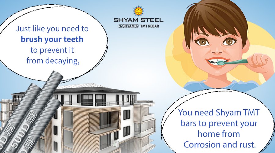 shyamsteel's tweet photo. The necessities of life should not be ignored. Just like we prevent teeth decaying by brushing regularly; Using #ShyamSteel 500D TMT prevents your home from Corrosion and Rust, always. #EssentialsOfLife #CorrosionResistant #CRS #ShyamSteel #flexiSTRONG #TMTBar https://t.co/cBWlXDwMeZ