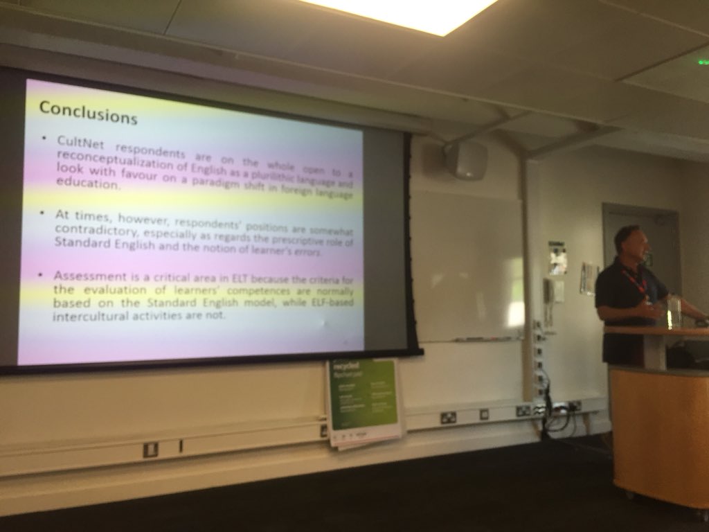 A_Benabdelkader's tweet photo. #Enrico_Grazzi: Intercuturalists emphasise the need to revise the definition of ICC and the use of (standard) English in ELT through adopting an ELF-aware perspective #ELF11 #Day4_ELF11 https://t.co/31JX6Xkf9I