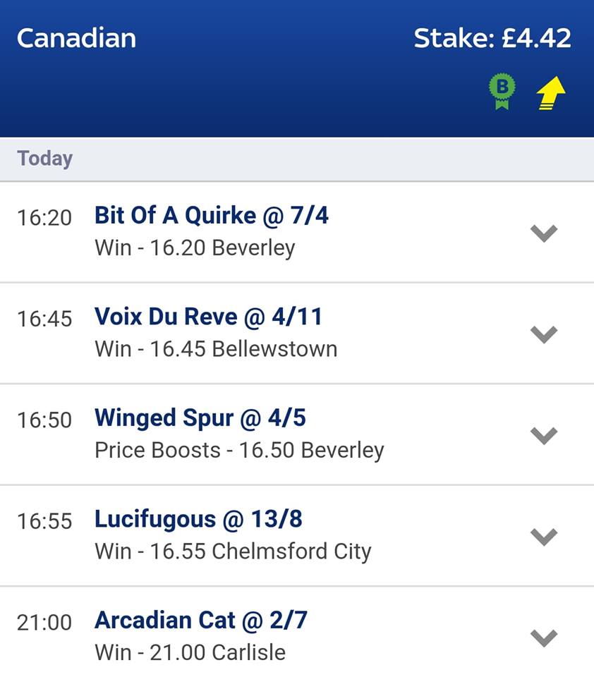 1.0 Unit
£4.42 #canadian (26 x 0.17 lines)
£0.58 #acca
[Based on 1U being £5.00 - adjust accordingly for your betting stake]
#sportsbetting #bettingtips #freetips #sports #betting #gambling #win #horseracing #tipster #betoftheday #Beverley #bellewstownraces #Chelmsford #Carlisle