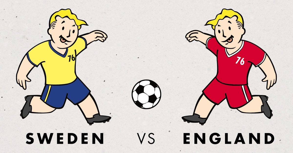 Fallout's tweet image. Sweden may be wearing Vault-Tec colours but will it be enough to prevent England from bringing it home? Which team do you think will win today’s clash? #Fallout76