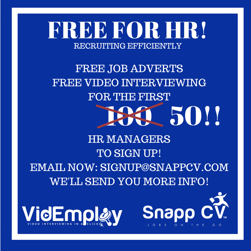 VidEmploy's tweet photo. We are down to 50 HR Managers!! To get a chance to sign up &amp; get FREE ADVERTS and FREE VIDEO INTERVIEWS for 6 months, 
just send an email in to signup@snappcv.com. NO CATCH!
#HR #Recruitment #Hiring #Management #First100 https://t.co/OrbTmJm4xG