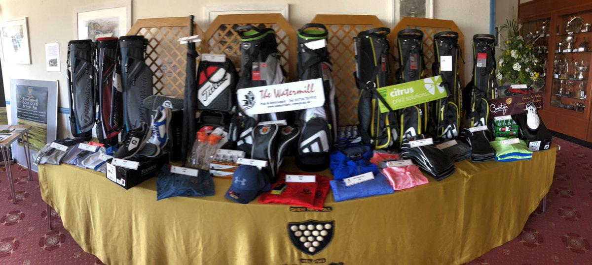 Prizes all set ready for @WestCornwallGC #festivalofgolf it’s been a great week! Thanks to all that have supported us this week and in particular our sponsors, The Watermill pub in Lelant, @Citrusprint @Countys