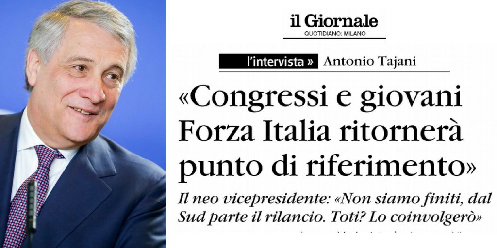 :<a href="/Antonio_Tajani/">Antonio Tajani</a>: «Congressi e giovani. Forza Italia ritornerà punto di riferimento»

LEGGI ---> ow.ly/8TKA30kQqVu
