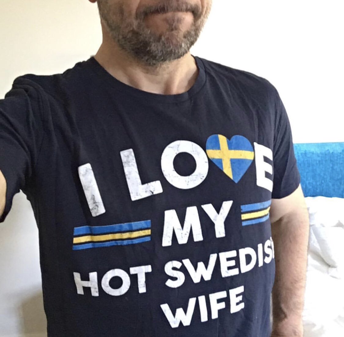 christinalarss's tweet photo. My British husband @joefattorini is dressed for the day 🤣🇸🇪⚽️🏆 #hejasverige #London #SwedenvsEngland 
@FIFAWorldCup @swedense https://t.co/zfUuggAeSE