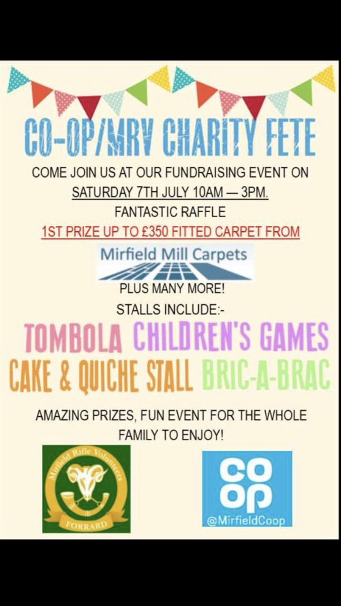 Mirfield_RBL's tweet photo. Don’t forget to get to Co-op Mirfield from 10am for the MRV/Co-op Charity Fete. A perfect way to spend the morning supporting local good causes before heading to the Round Table beer festival or the TV screen for the Football ⚽️ 
Thanks for your support https://t.co/Pgp07jA5VZ
