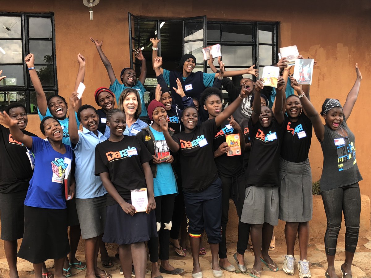 HelenPyne's tweet photo. Books by VCFA authors traveled to Kenya and were a hit in my writing workshops with students at Daraja Academy! #darajacademy. The girls loved your novels! @varianjohnson @OneCrazyRita @Carol_writer928 @CynLeitichSmith  @melaniecrowder @danawalrath.
#VCFA
#VCFAWCYA https://t.co/VolmLJIbdK