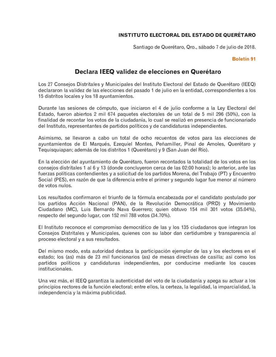 IEEQcomunica's tweet photo. Declara @IEEQcomunica validez de elecciones en Querétaro. #QuerétaroSíVota https://t.co/gbIeL9sicO