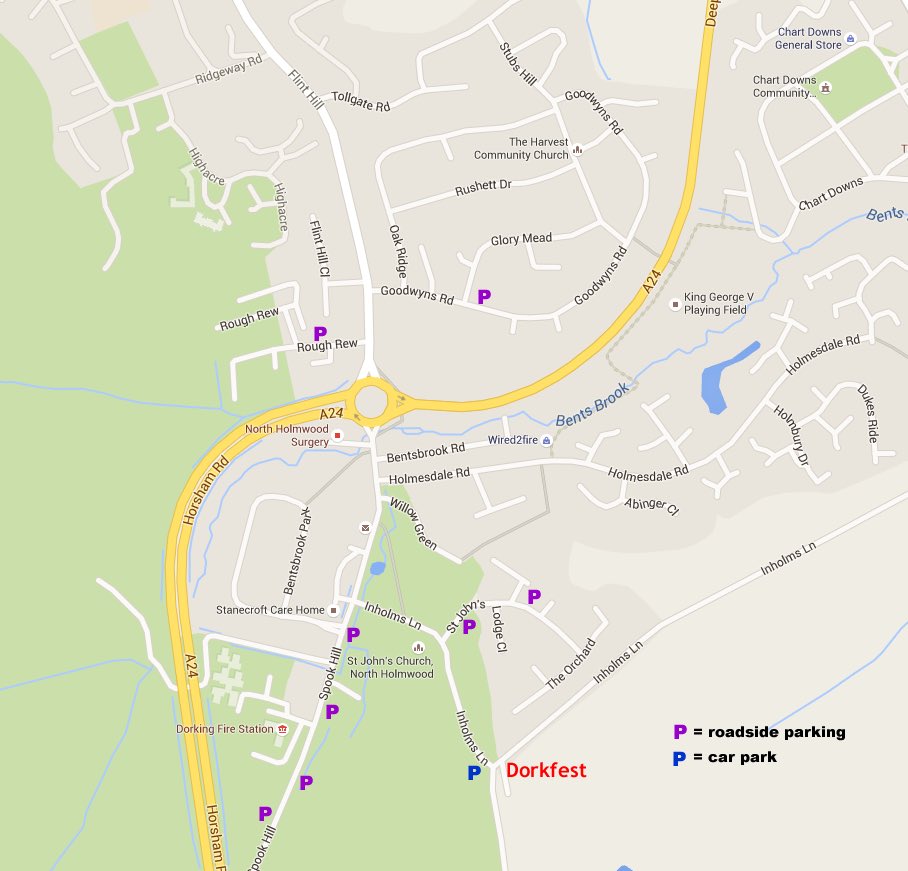 Dorkfest tomorrow 
make sure you get your sun screen on and drink plenty of water. There will be water stations around the site. parking is limited next to the site so you will be best to park down in North Holmwood and then walk up  - 5 mins walk.
See our parking guide