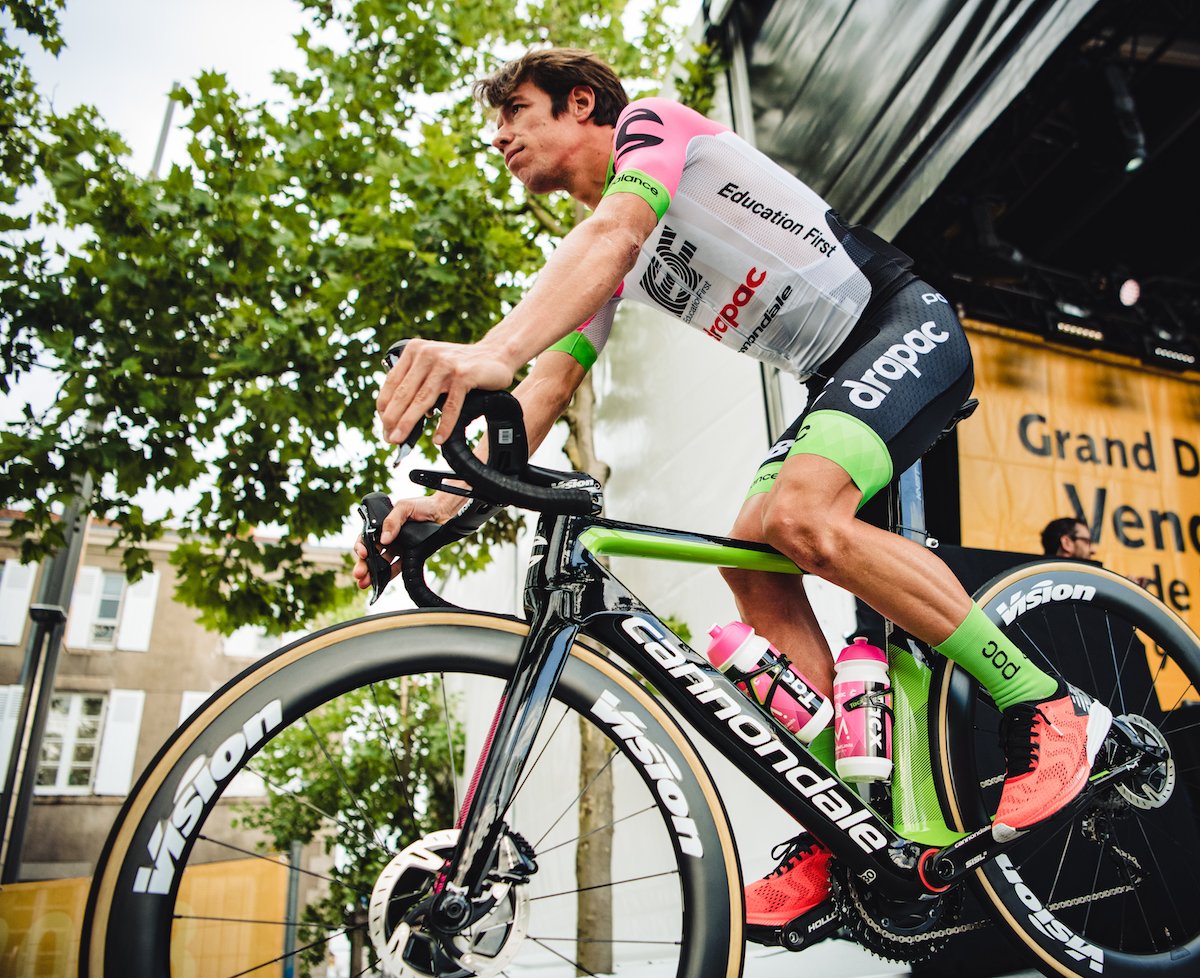EFprocycling's tweet photo. The newly launched @RideCannondale SystemSix makes it @LeTour debut in FORTY MINUTES. How good are the @EF pink accents in our new colorway?!?!! #speedofsix #fastereverywhere https://t.co/mPVls44iXI